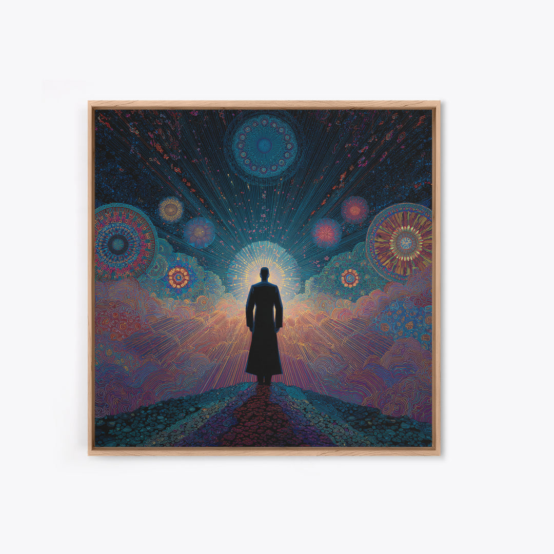 Mystical Figure Under Cosmic Sky Wall Art, Psychedelic Galaxy Path Print, Spiritual Visionary Surreal Art Canvas Print
