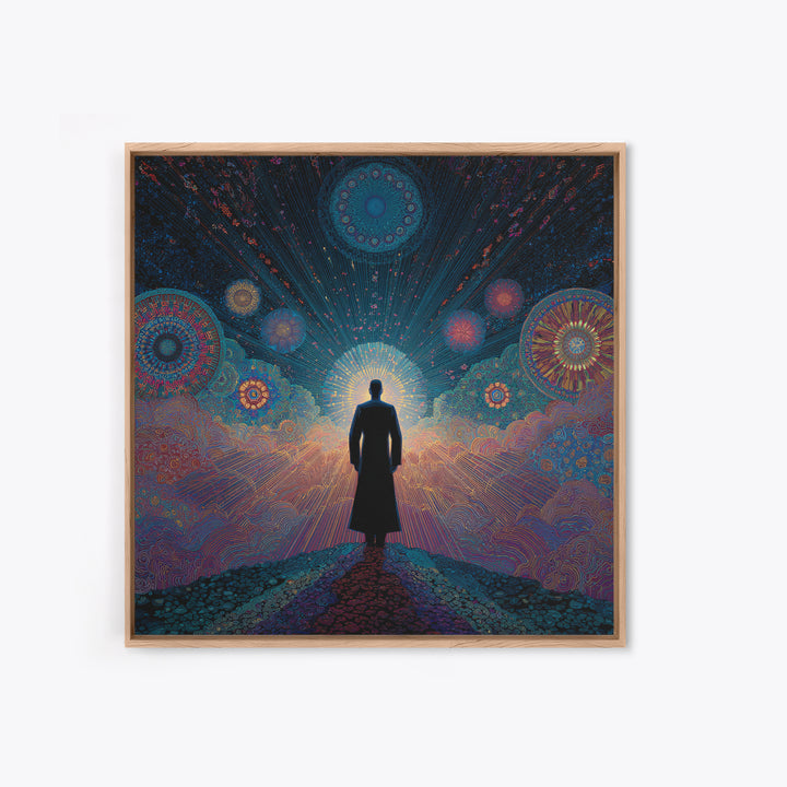 Mystical Figure Under Cosmic Sky Wall Art, Psychedelic Galaxy Path Print, Spiritual Visionary Surreal Art Canvas Print