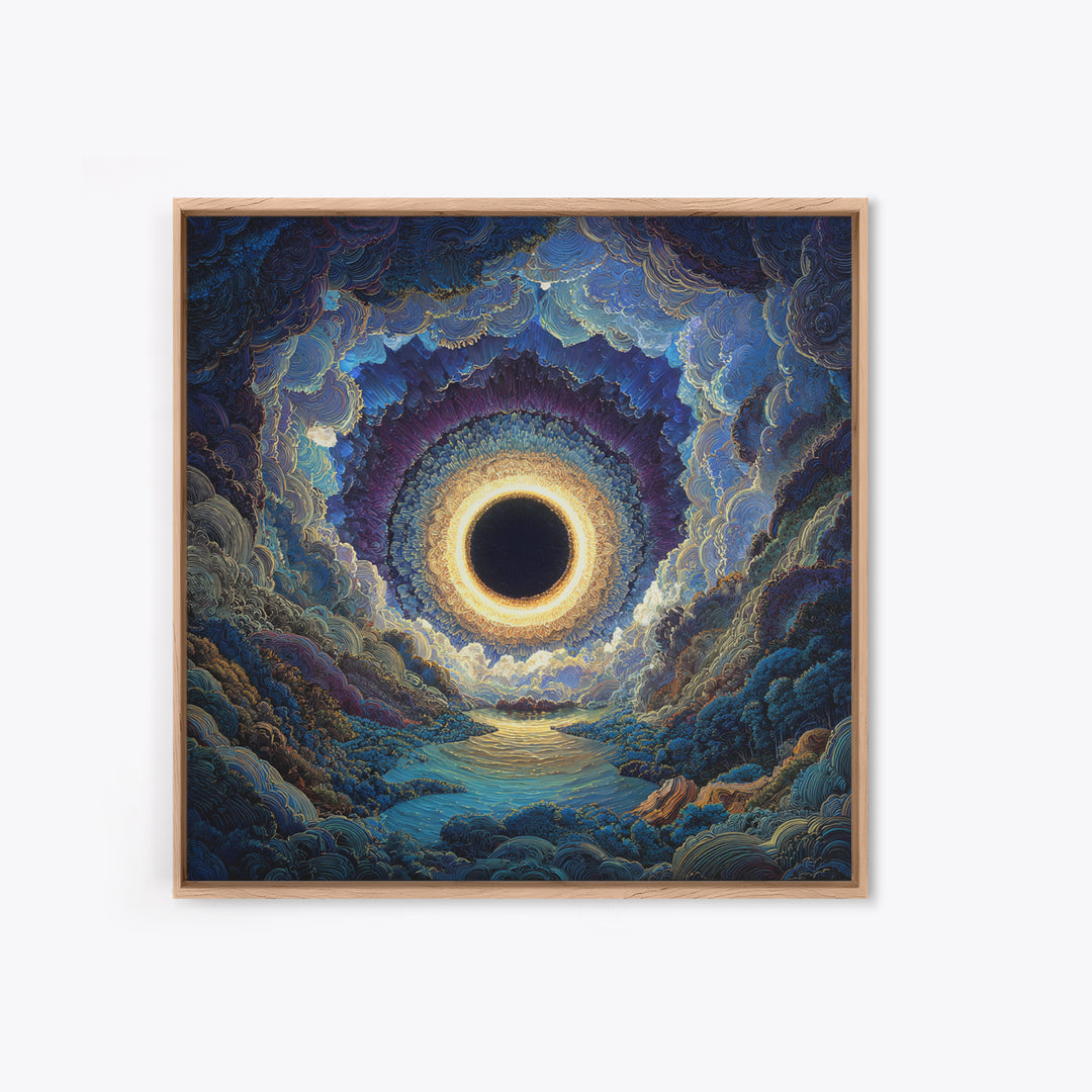 Mystic Solar Eclipse Over Blue Valley Framed Canvas Print, Celestial Landscape Wall Art, Moody Fantasy Home Decor For Bedroom