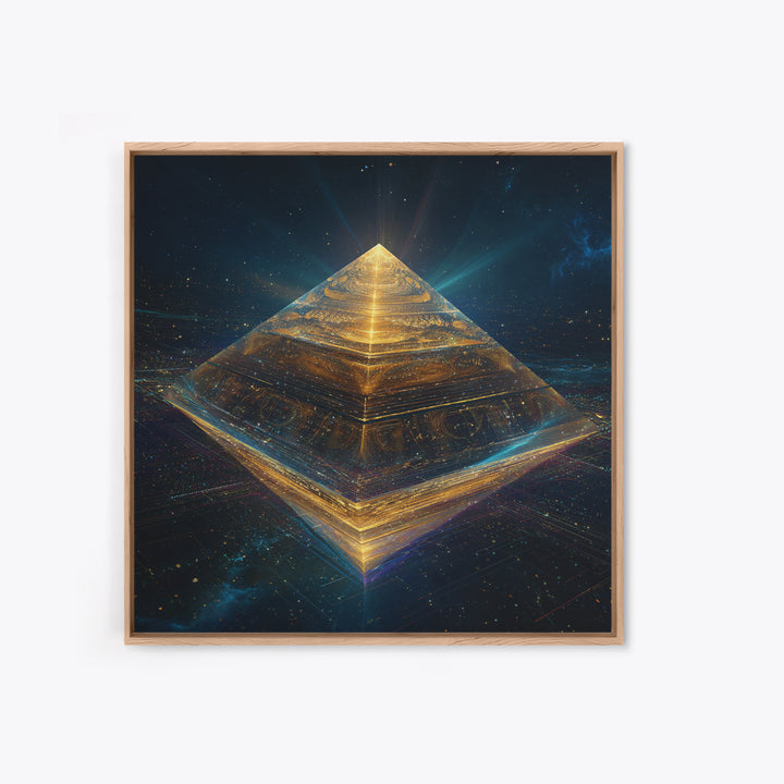 Golden Futuristic Pyramid In Galaxy Surreal Space Wall Art, Cosmic Sci Fi Home Decor, Modern Canvas Print