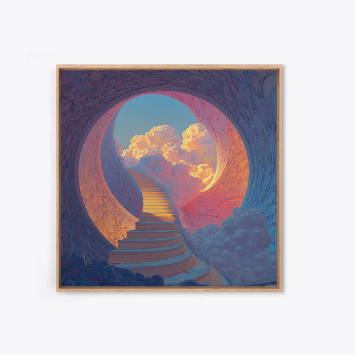 Heavenly Stairway To Clouds Wall Art, Dreamy Fantasy Landscape Canvas Print, Calming Surreal Art For Bedroom Decor