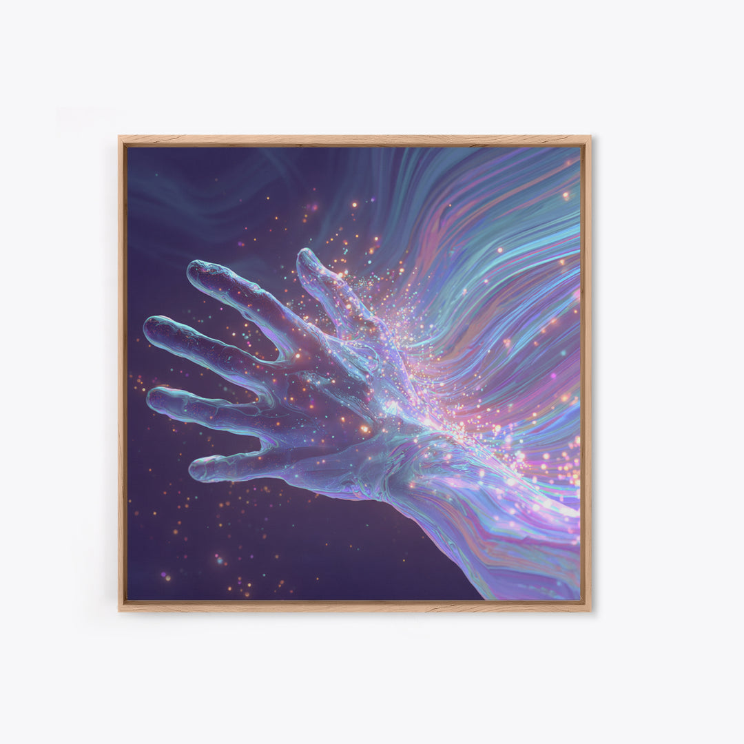Iridescent Hand With Sparkles Surreal Wall Art, Futuristic Abstract Canvas Print For Modern Office Decor And Gamer Room