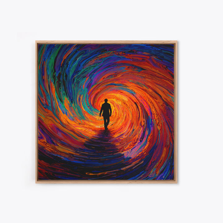 Man Walking Into Vortex Abstract Wall Art, Colorful Surreal Tunnel Painting, Modern Abstract Art Print, Statement Canvas Print