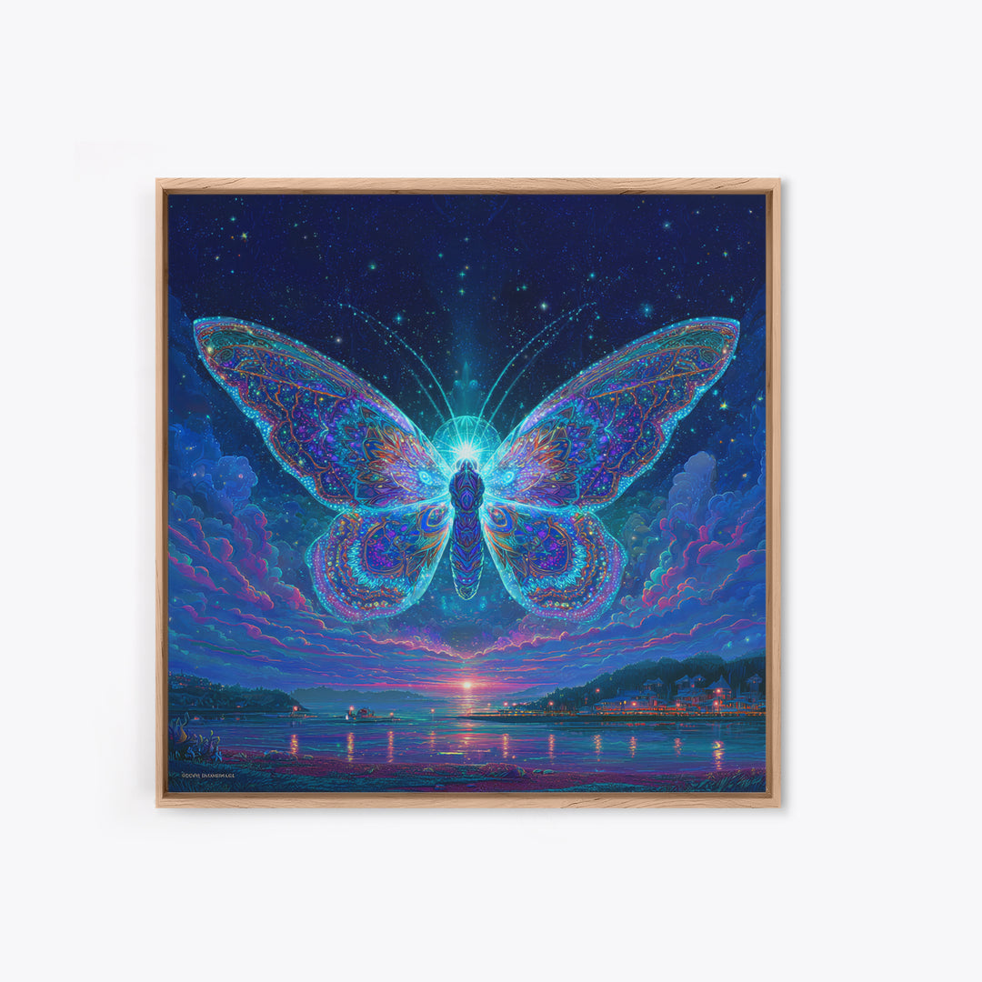 Cosmic Butterfly Over Water Wall Art, Psychedelic Celestial Canvas Print, Fantasy Night Sky Home Decor