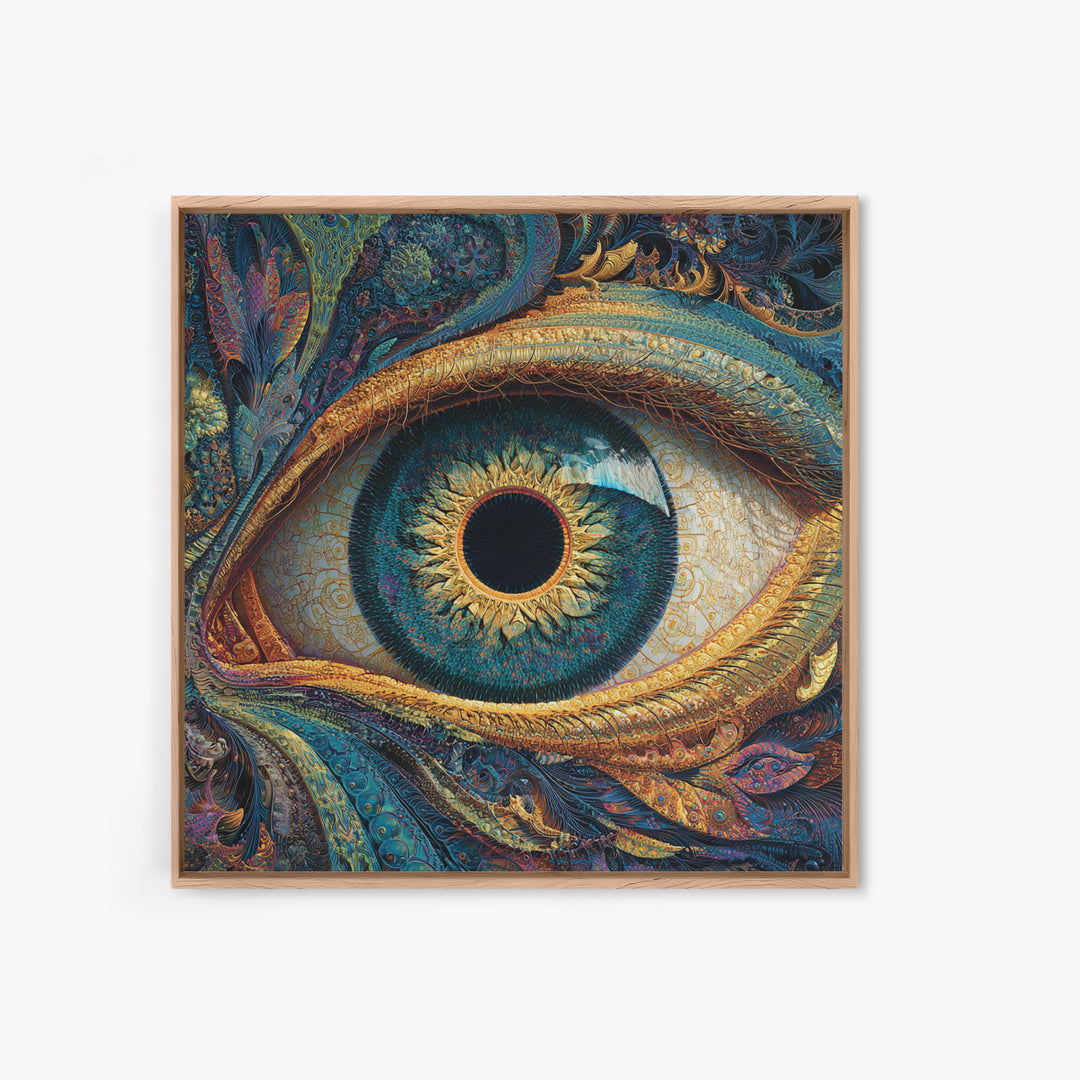 Surreal Golden Eye With Intricate Abstract Patterns Wall Art, Mystical Fantasy Canvas Print For Modern Home Decor