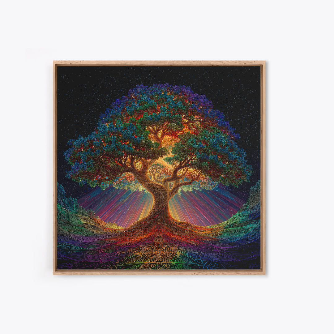 Rainbow Tree Of Life Under Starry Sky Psychedelic Landscape Wall Art Canvas Print Boho Spiritual Home Decor
