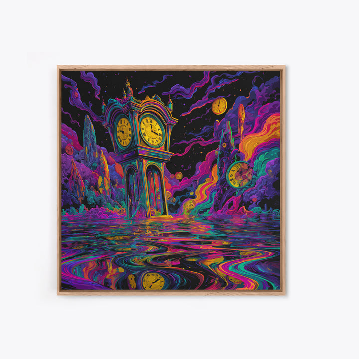 Surreal Neon Clock Dreamscape Wall Art, Psychedelic Abstract Landscape Canvas Print, Colorful Trippy Home Decor