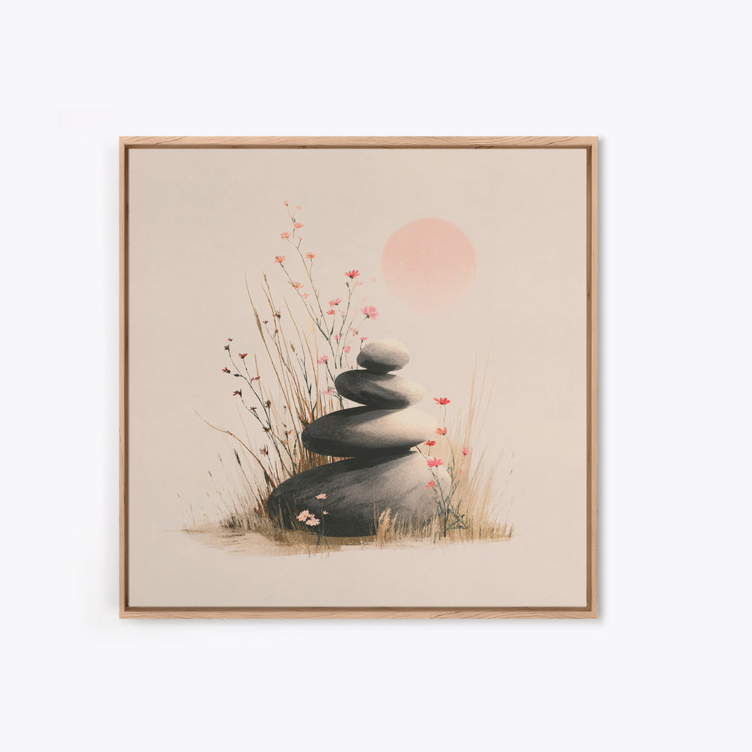 Zen Stacked Stones And Wildflowers Wall Art, Minimalist Meditation Canvas Print, Japandi Spa Decor, Calming Gift For Her
