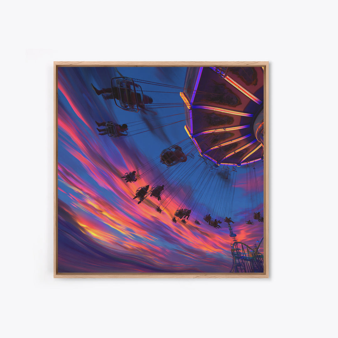 Dynamic Amusement Park Swing Ride Sunset Scene Vibrant Abstract Wall Art Framed Canvas Print For Living Room