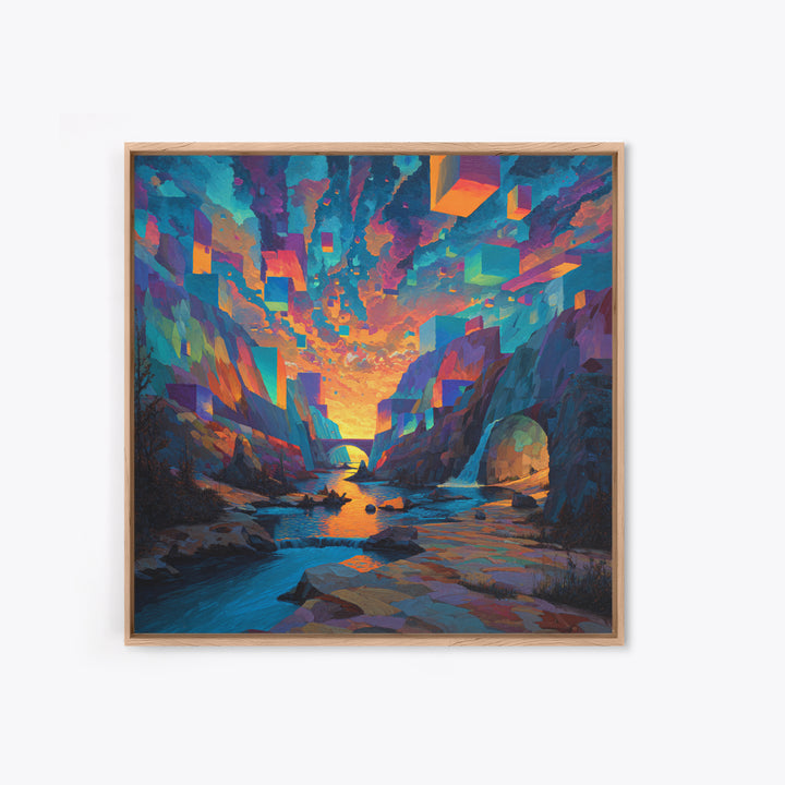 Surreal Canyon With Floating Cubes Canvas Print, Colorful Abstract Landscape Wall Art, Fantasy Home Decor, Modern Art Gift