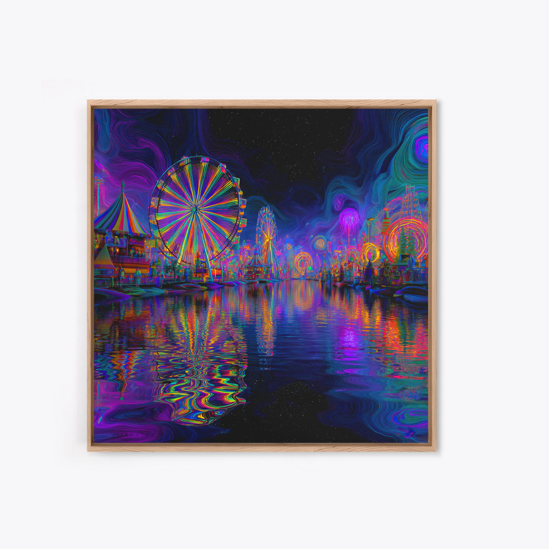 Neon Carnival At Night Abstract Wall Art, Psychedelic Ferris Wheel Canvas Print, Colorful Dopamine Decor Gaming Room Art