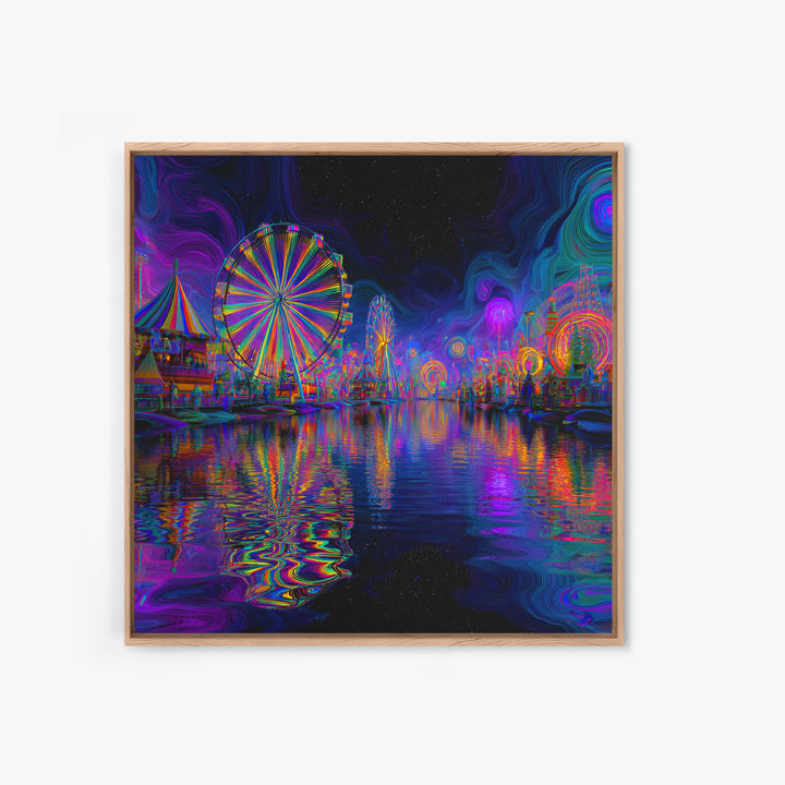 Neon Carnival At Night Abstract Wall Art, Psychedelic Ferris Wheel Canvas Print, Colorful Dopamine Decor Gaming Room Art