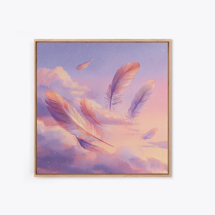 Floating Pink Feathers Wall Art, Dreamy Celestial Canvas Print, Pastel Cloud Decor, Whimsical Nursery Bedroom Gift For Her