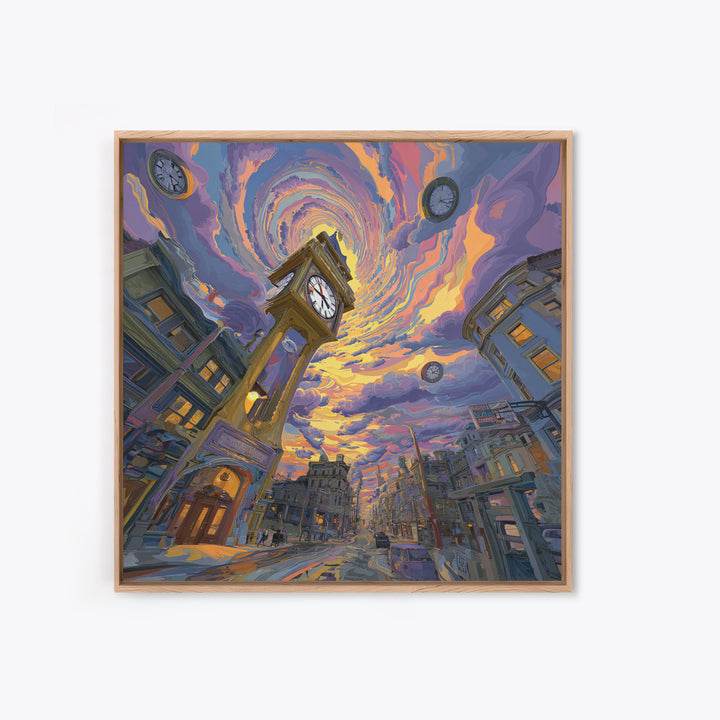 Surreal Cityscape With Clock Tower And Swirling Sky At Sunset Wall Art Framed Canvas Print For Home Decor