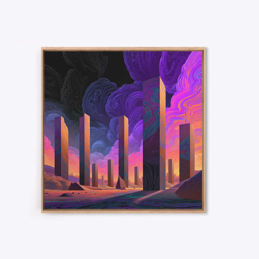 Neon Desert Monoliths Under Purple Sky Canvas Print, Futuristic Landscape Wall Art, Sci Fi Abstract Decor For Modern Home