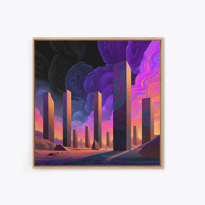 Neon Desert Monoliths Under Purple Sky Canvas Print, Futuristic Landscape Wall Art, Sci Fi Abstract Decor For Modern Home