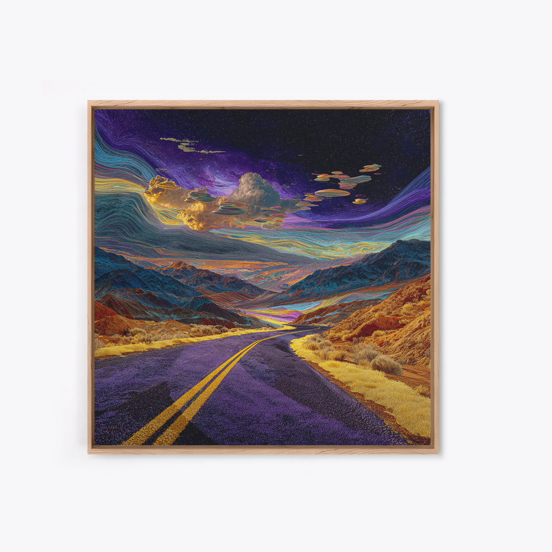 Cosmic Desert Highway Under Swirling Galaxy Sky Wall Art, Surreal Colorful Landscape Canvas Print, Modern Decor