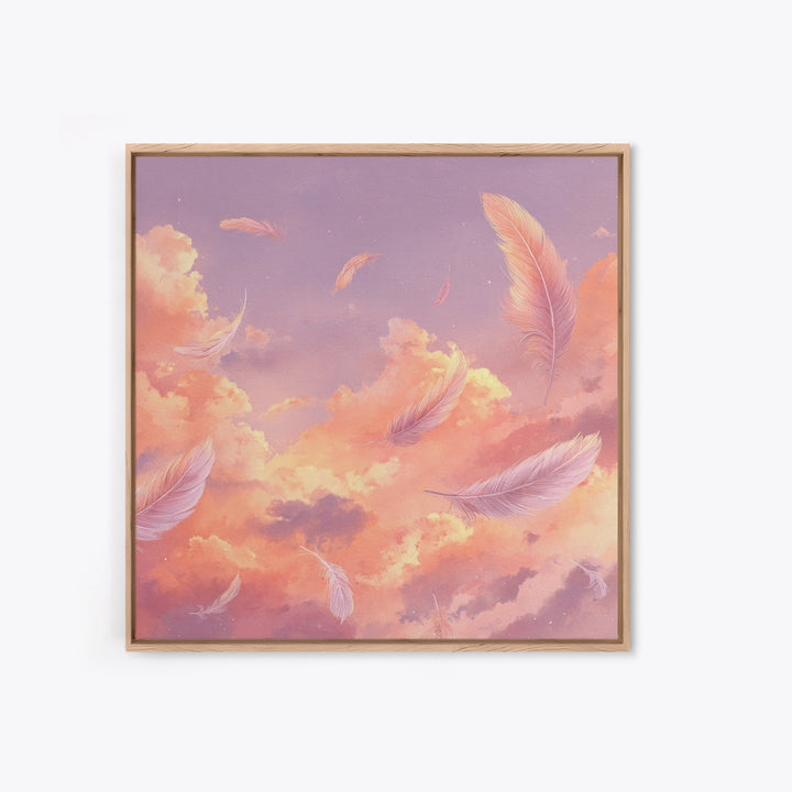 Pink Feather Sky Canvas Print, Dreamy Cloud Wall Decor, Celestial Nursery Art, Soft Pastel Bedroom Decor Gift For Her Art Print