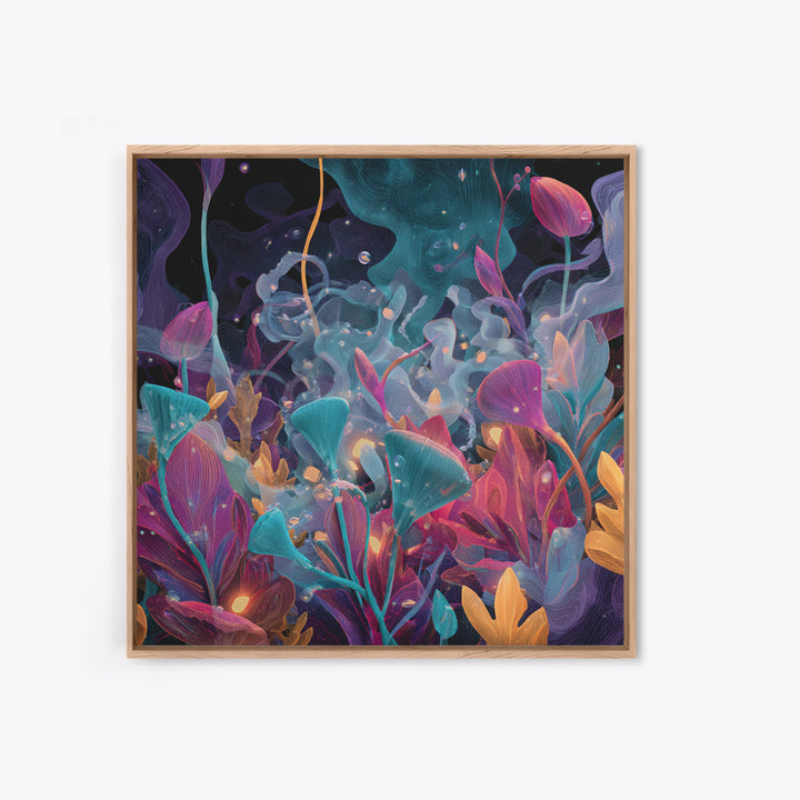 Glowing Alien Garden With Teal And Magenta Flowers Canvas Print, Psychedelic Botanical Wall Art, Whimsical Room Decor Gift
