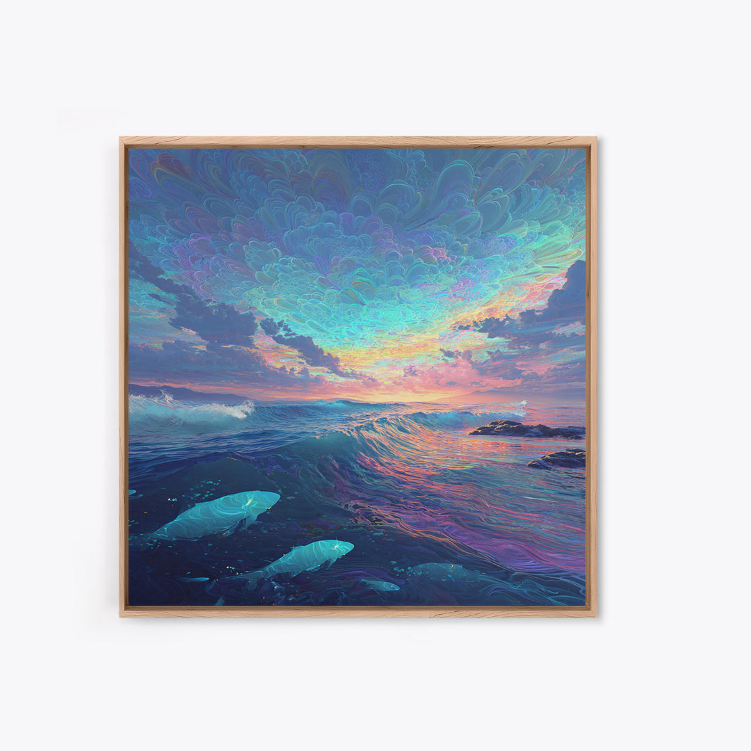 Dreamy Ocean Wave Sunset Wall Art Canvas Print, Colorful Seascape Painting, Modern Coastal Decor, Beach House Wall Art