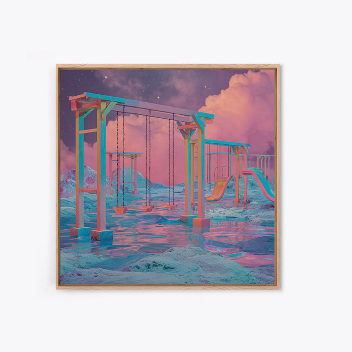Surreal Neon Playground Landscape Wall Art, Dreamy Fantasy Seascape Canvas Print, Modern Home Decor, Statement Artwork