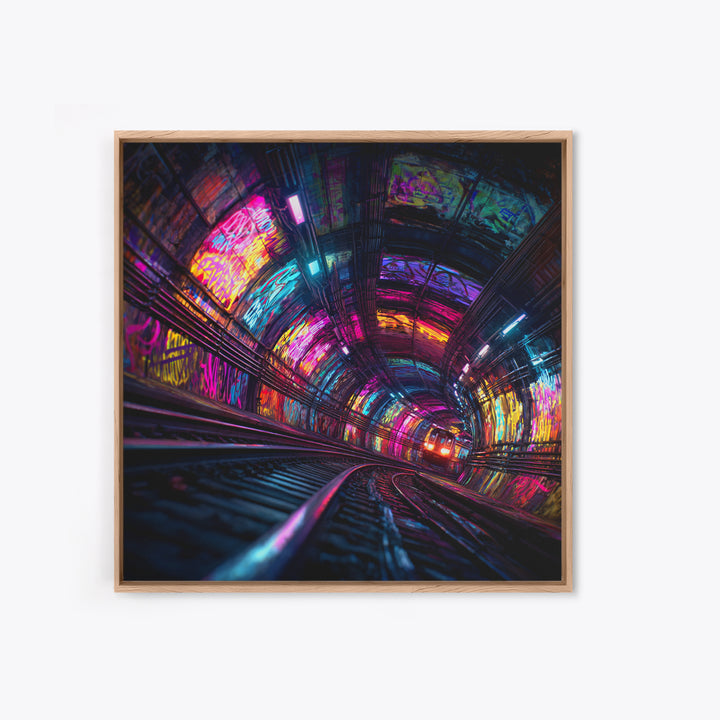Neon Tunnel Cityscape Wall Art, Futuristic Subway Graffiti Canvas Print, Vibrant Urban Gaming Room Decor