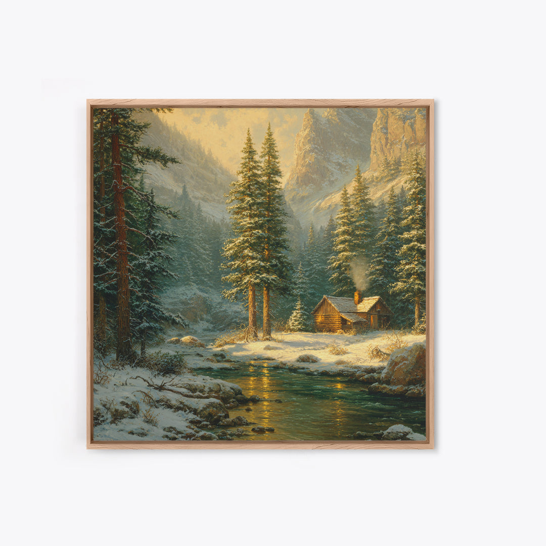Cozy Winter Cabin By River Landscape Wall Art, Snowy Mountain Sunset Canvas Print, Rustic Farmhouse Decor Living Room Art