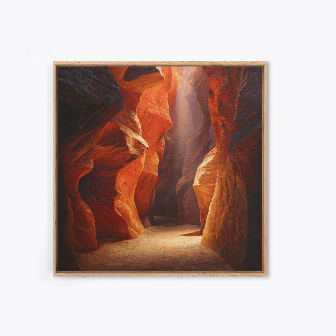 Sunlit Slot Canyon Textured Wall Art, Dramatic Red Rock Landscape Canvas Print, Vertical Desert Painting For Entryway Or Living Room Decor