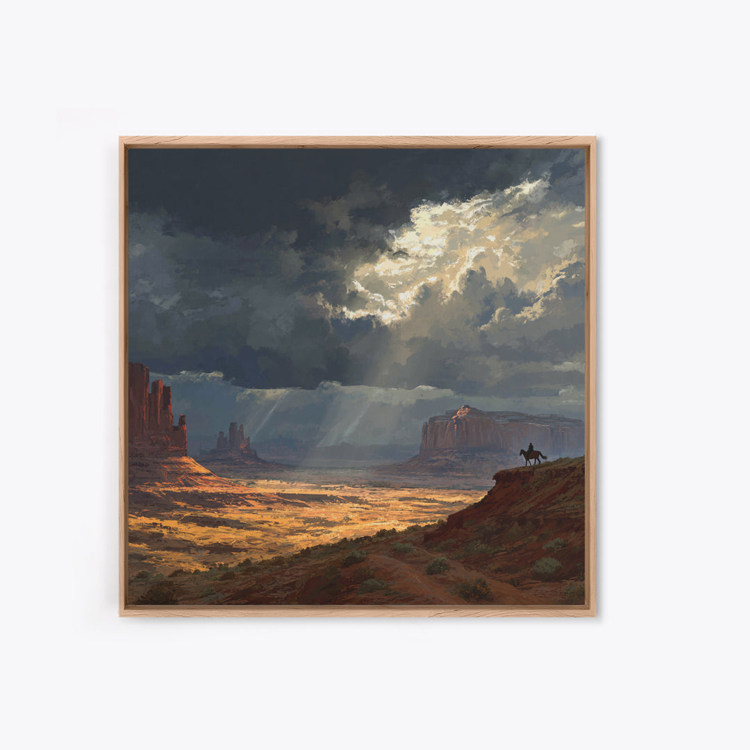 Cowboy In Desert Canyon Landscape Painting Wall Art, Western Sunset Print, Modern Southwest Home Decor For Living Room