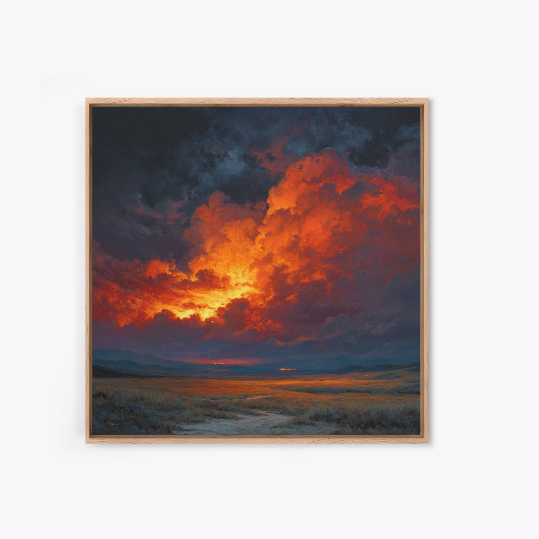 Dramatic Sunset Storm Cloud Landscape Wall Art, Fiery Sky Canvas Print, Modern Living Room Statement Artwork