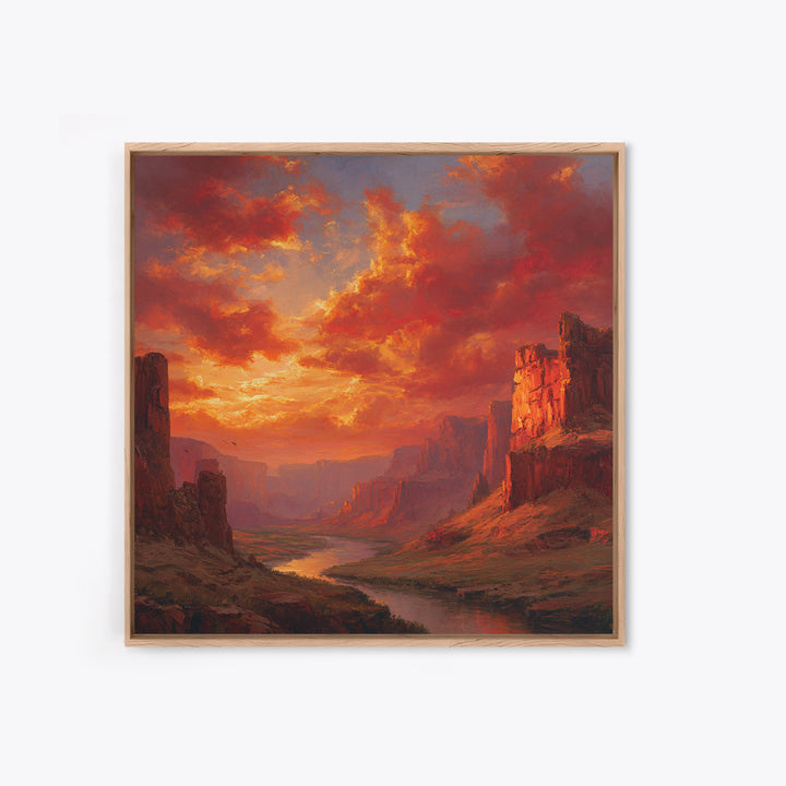 Majestic Canyon River Landscape At Sunset Wall Art Oil Painting Framed Canvas Print Rustic Home Decor