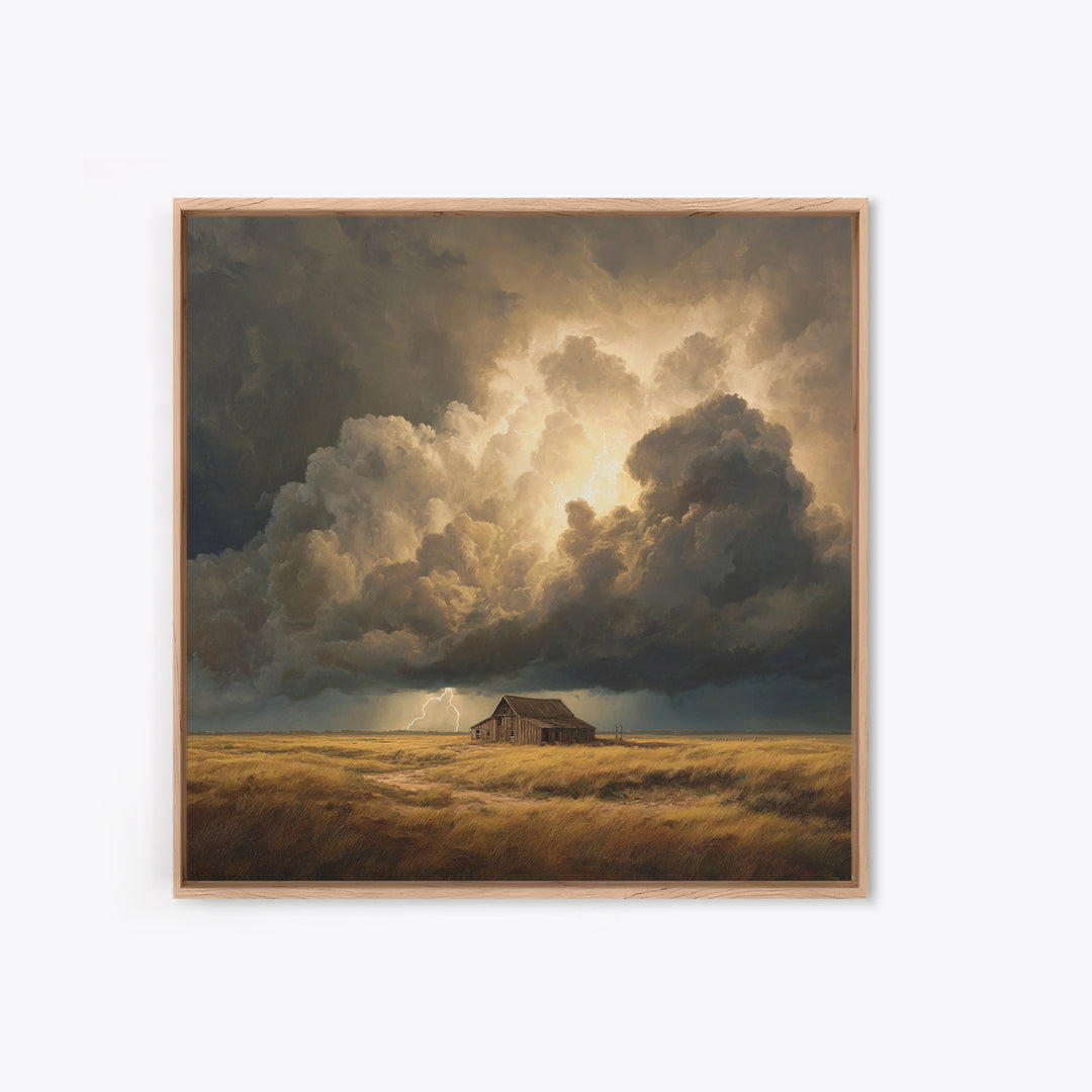 Stormy Sky Over Rustic Barn Landscape Painting Wall Art, Dramatic Lightning Cloud Print, Country Farmhouse Rustic Decor