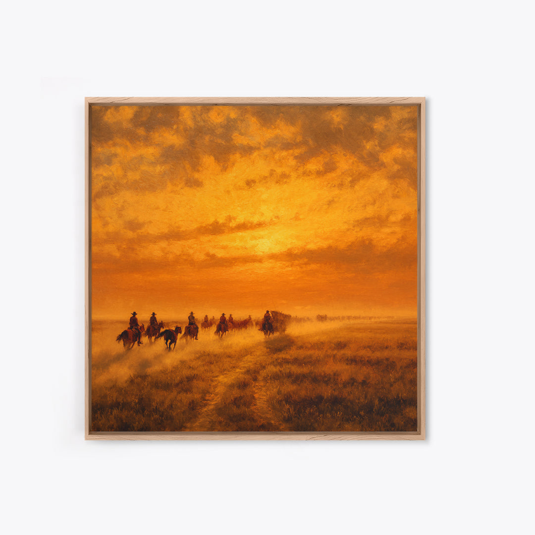 Western Cowboy Cattle Drive At Sunset Wall Art, Desert Landscape Print, Rustic Home Decor, Living Room Wall Art Canvas Print