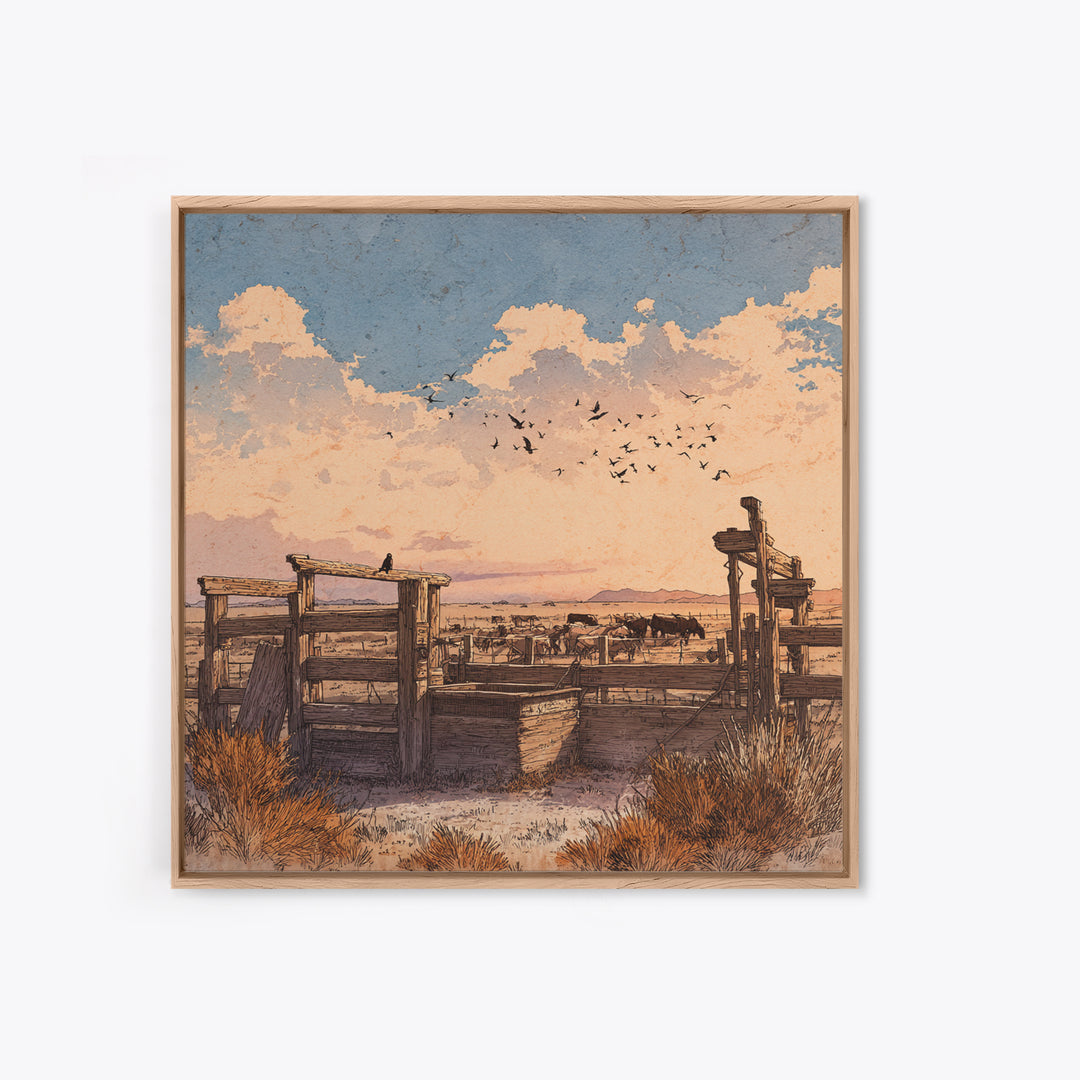 Western Ranch At Sunset Wall Art, Rustic Cowboy Landscape Canvas Print, Desert Farmhouse Decor For Living Room Or Office
