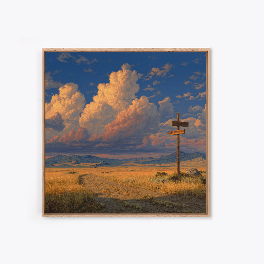 Golden Prairie Road At Crossroads Landscape Wall Art For Rustic Home Decor, Western Country Living Room Canvas Print