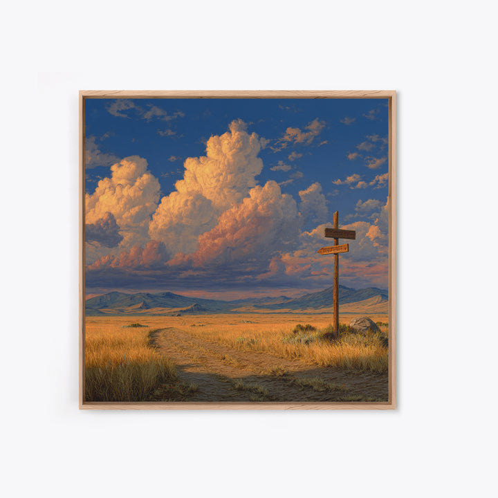 Golden Prairie Road At Crossroads Landscape Wall Art For Rustic Home Decor, Western Country Living Room Canvas Print