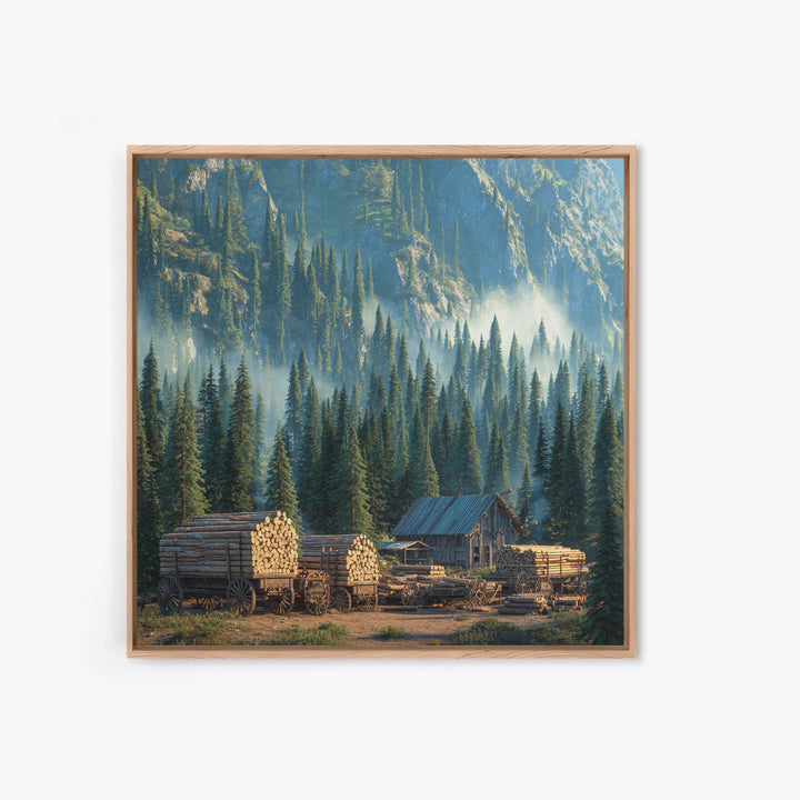 Cozy Cabin In Misty Pine Forest Wall Art, Rustic Mountain Landscape Canvas Print, Farmhouse Country Home Decor