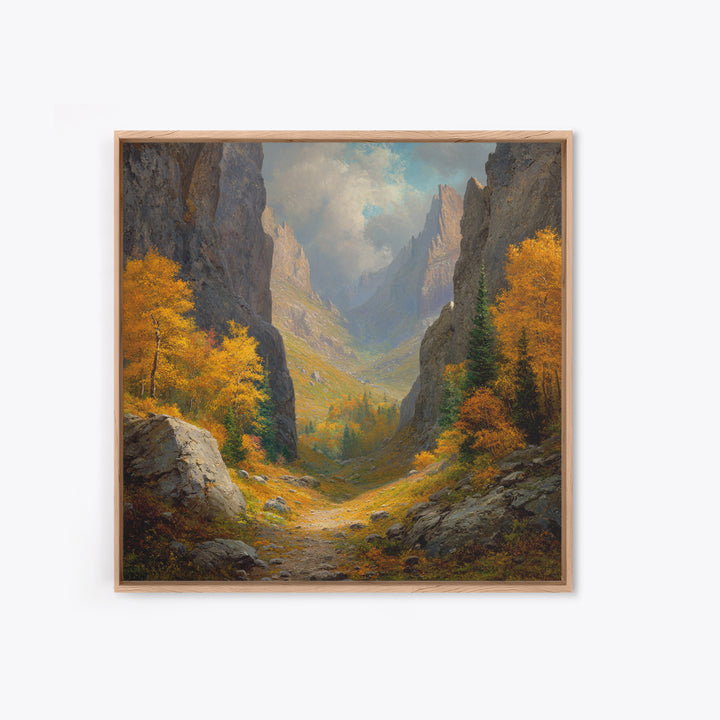Golden Autumn Mountain Valley Path Landscape Wall Art, Cozy Fall Forest Canyon Living Room Canvas Print