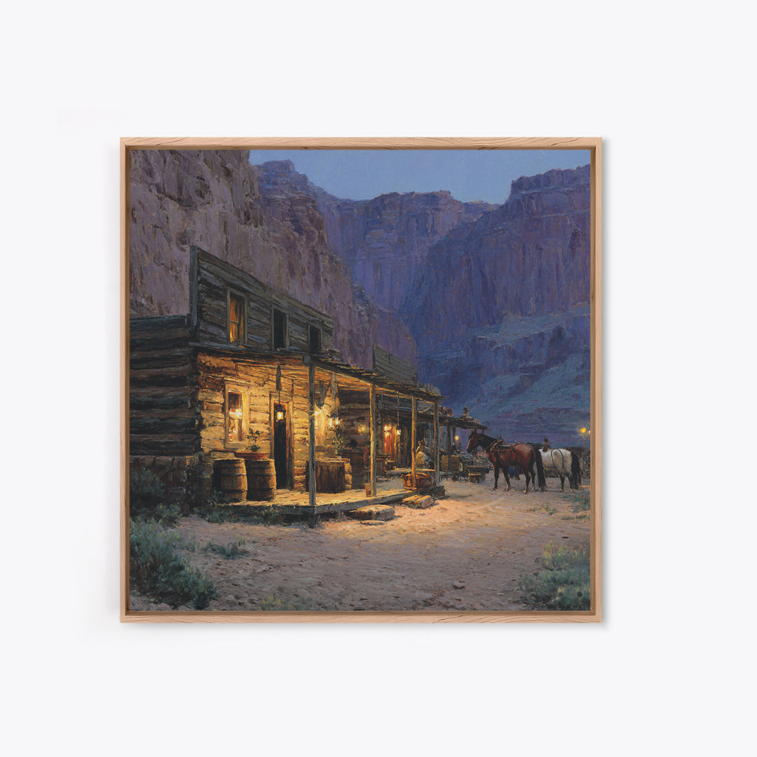 Cozy Old Western Cabin At Dusk Wall Art, Rustic Farmhouse Landscape Print, Country Home Decor, Living Room Rustic Canvas Print