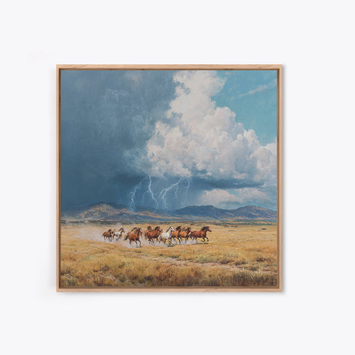 Wild Horses Running Under Stormy Sky Landscape Wall Art Canvas Print Western Country Decor Large Landscape Painting