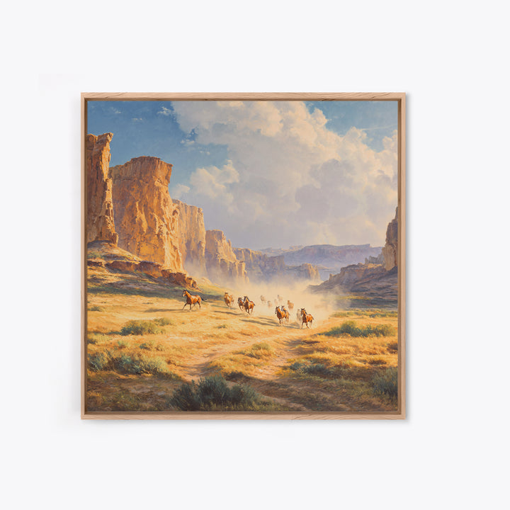 Wild Mustangs Running Through Desert Canyon Landscape Wall Art Western Country Home Decor Large Modern Landscape Print