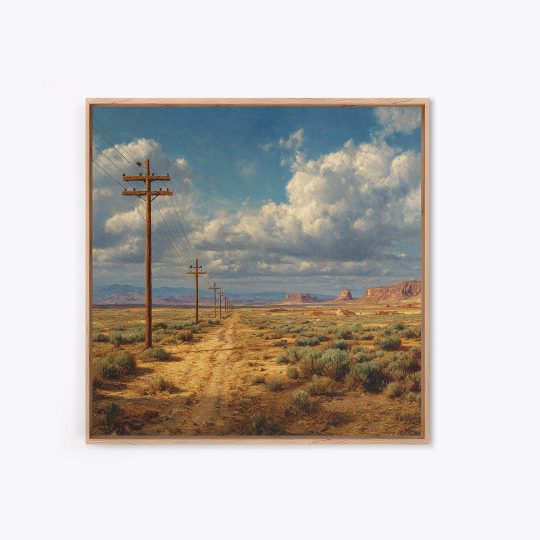 Desert Telephone Poles Landscape Wall Art Print, Rustic Country Road Western Decor, Neutral Landscape Canvas Print For Living Room