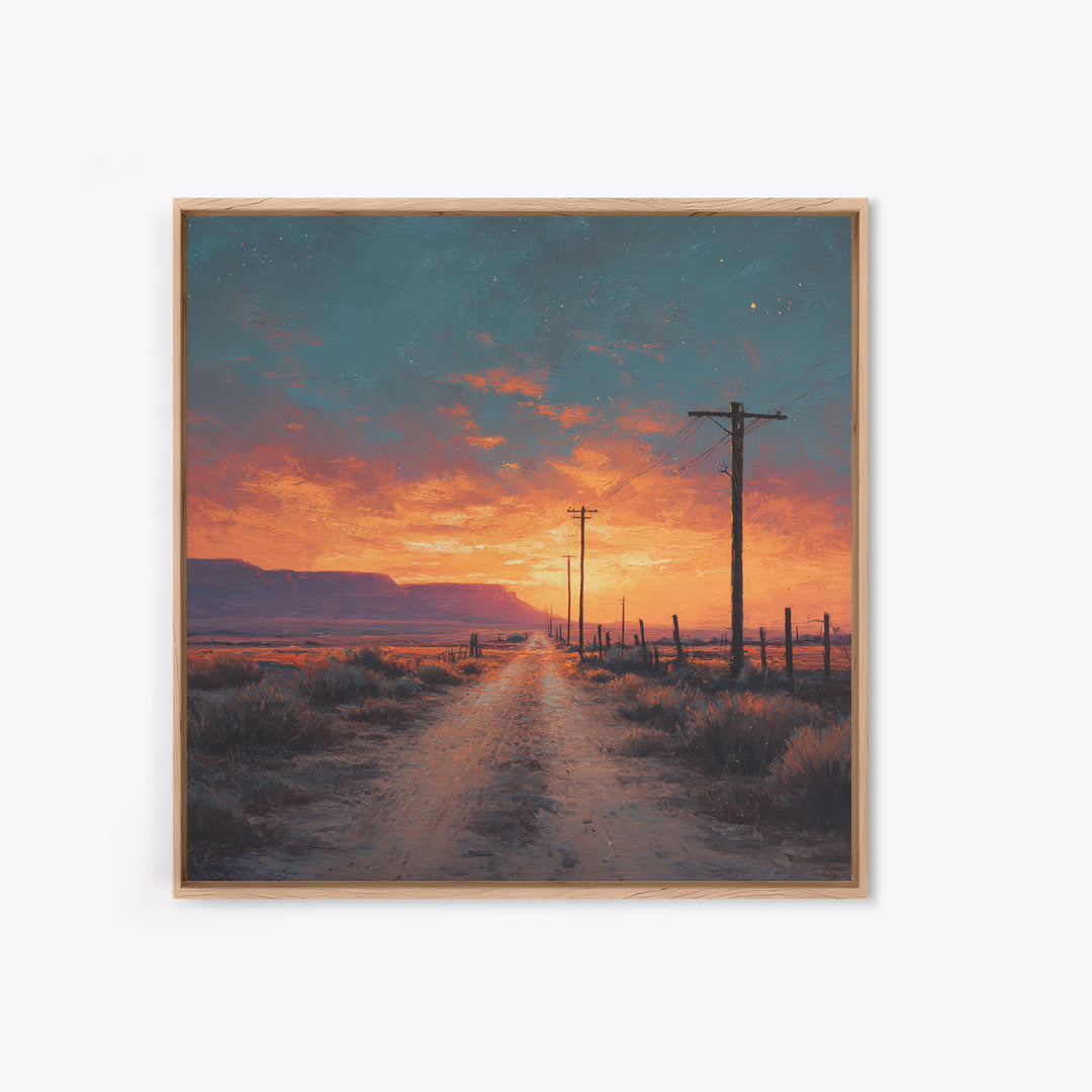 Country Dirt Road Sunset Landscape Wall Art, Warm Rustic Western Painting, Farmhouse Home Decor Large Framed Canvas Print