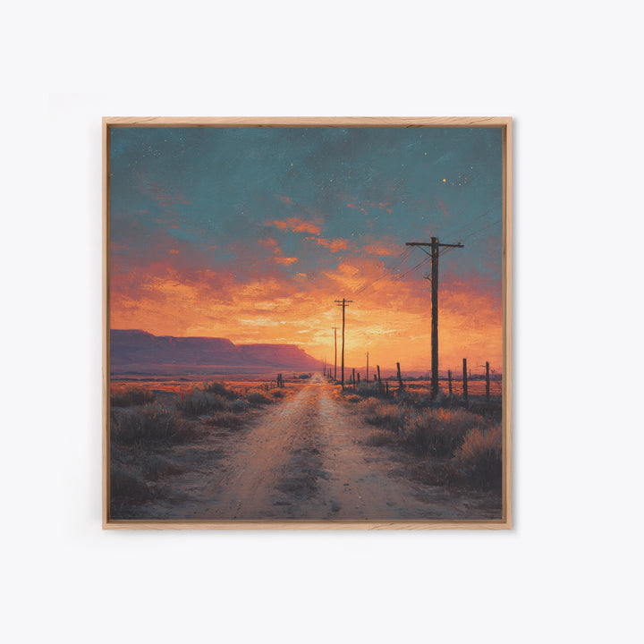 Country Dirt Road Sunset Landscape Wall Art, Warm Rustic Western Painting, Farmhouse Home Decor Large Framed Canvas Print