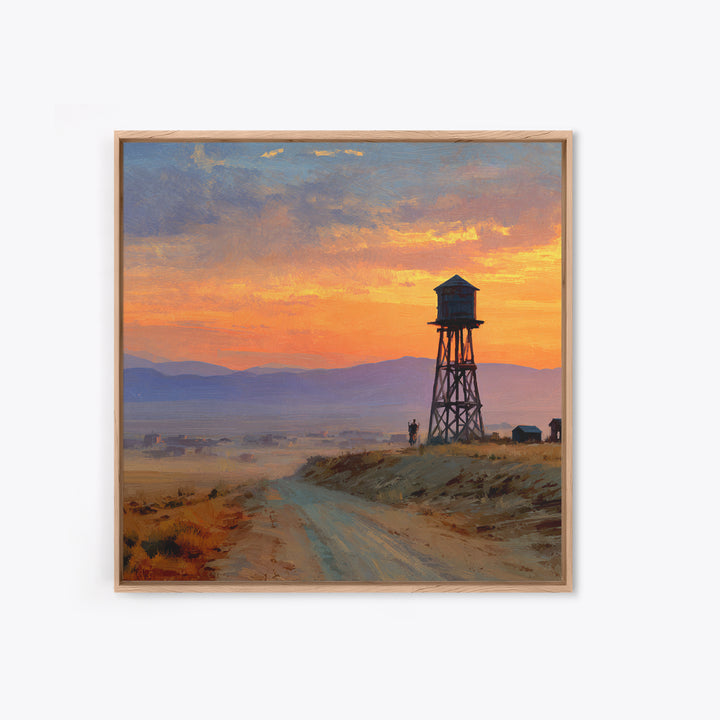 Western Sunset Water Tower Landscape Wall Art, Cowboy Desert Road Canvas Print, Rustic Country Home Decor For Living Room Or Office