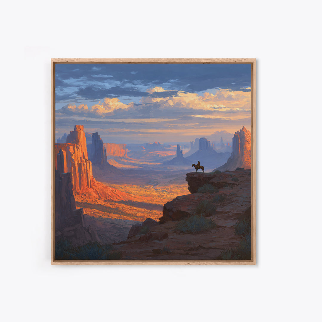 Monument Valley Cowboy Panorama Wall Art, Western Desert Landscape Canvas Print, Large Rustic Living Room Decor