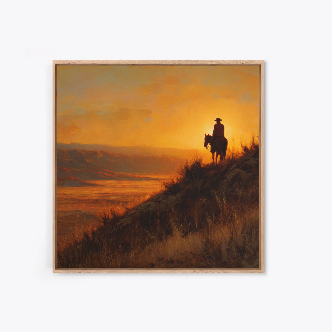 Western Cowboy Sunset Hill Painting Wall Art, Rustic Horse Rider Canvas Print, Warm Desert Landscape Home Decor
