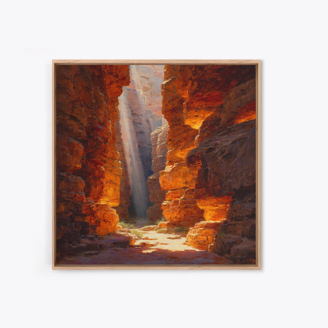 Golden Canyon Sun Rays Desert Landscape Wall Art Print, Southwestern Rustic Decor, Warm Nature Painting Living Room Art