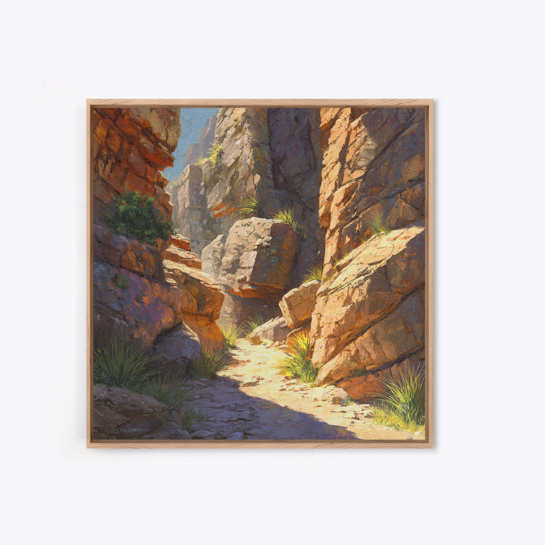 Sunlit Desert Canyon Trail Landscape Wall Art, Warm Southwest Rocks And Sage Green Nature Canvas Print