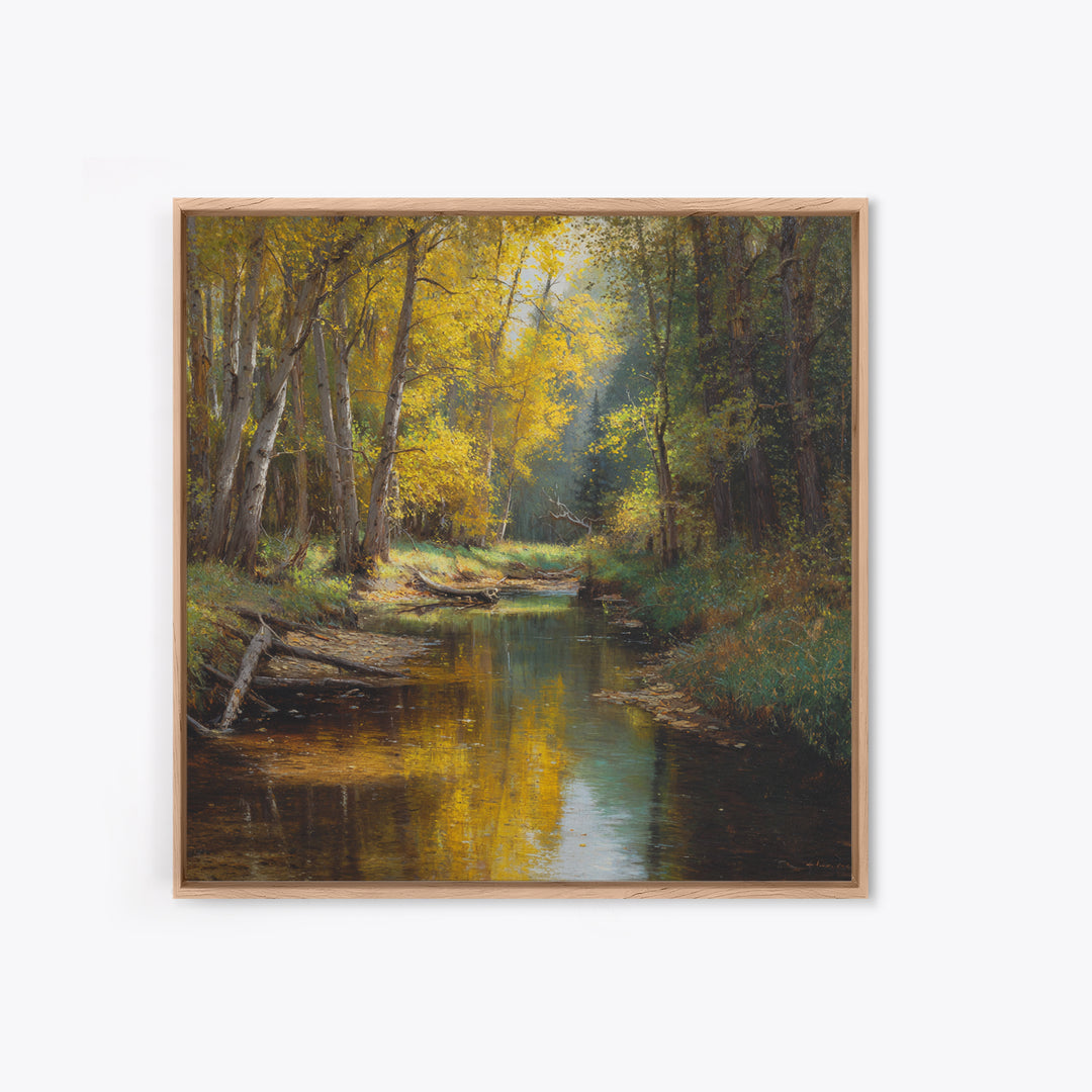 Golden Forest Creek Wall Art, Autumn Landscape Canvas Print, Rustic Nature Painting For Cozy Living Room Decor